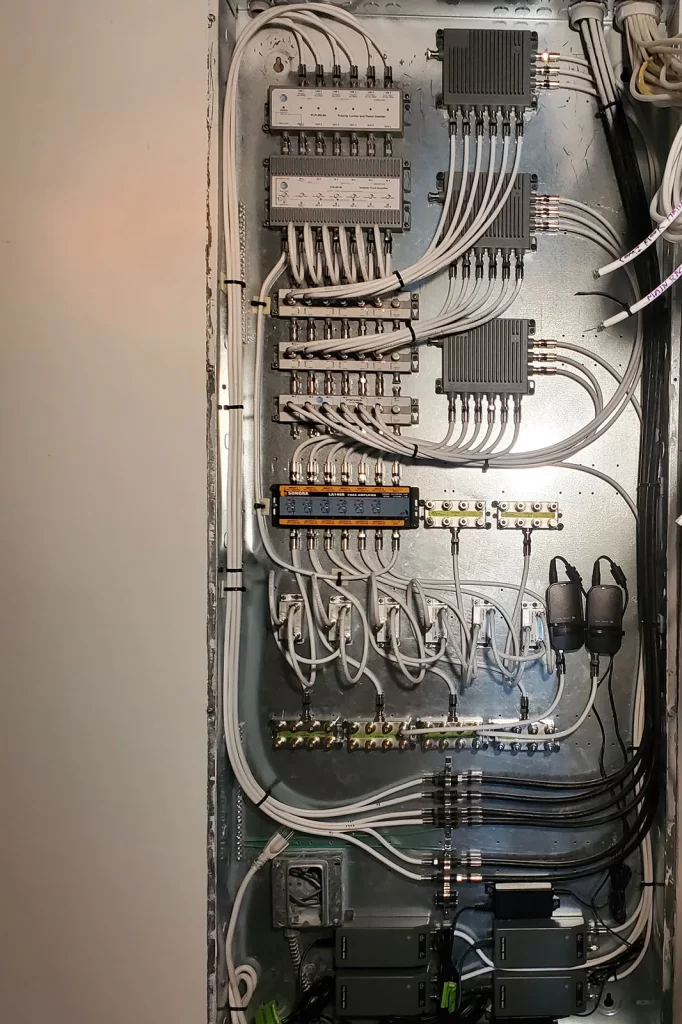 Satellite distribution panel with multi-switches, amplifiers, and structured cabling for estate satellite system